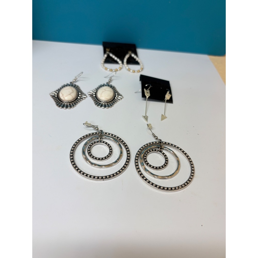 Mixed Boho Earring Lot 4 Pairs Silver Tone‎ Hoops Turquoise Style Faux Pearl